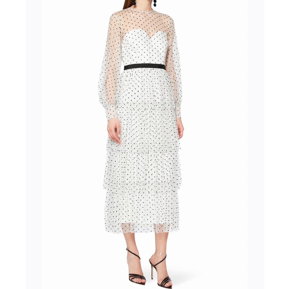Alice McCall Mysteria White Polka-Dot Tiered Tulle White Long Sleeve Midi Dress